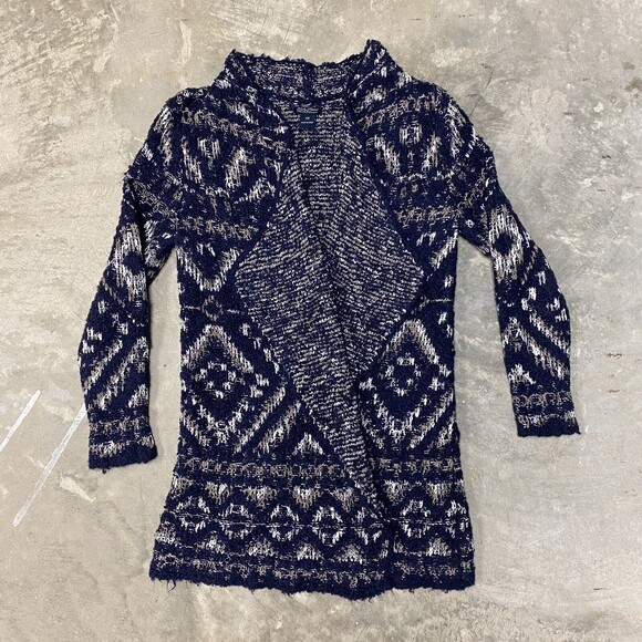 Lucky Brand XS Cardigan Sweater Navy Cream Aztec Open Drape Front Long Sleeve - Picture 3 of 14
